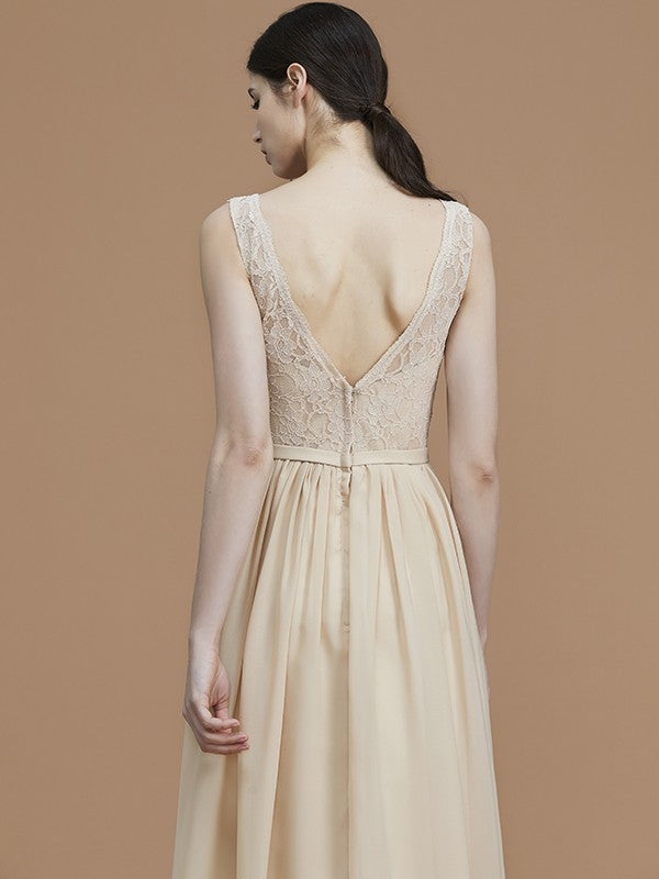 A-Line/Princess V-neck Sleeveless Floor-Length Ruffles Chiffon Bridesmaid Dresses Evening Prom Dress