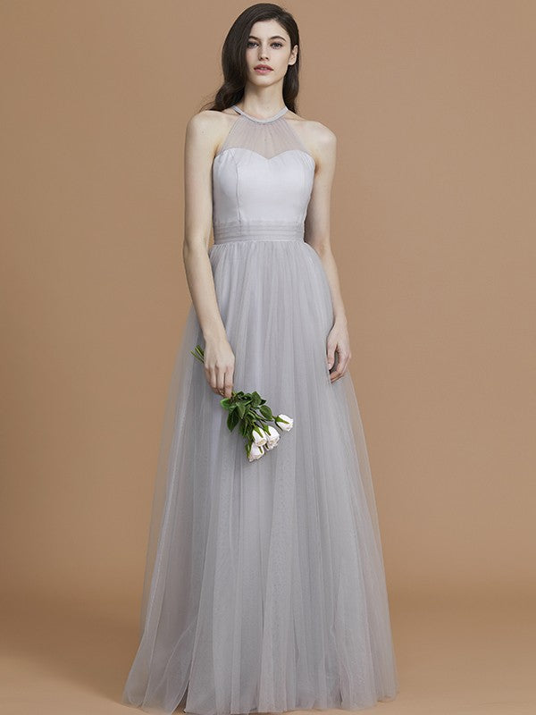Vestido de dama de honor de tul con volantes, corte A/princesa, sin mangas, hasta el suelo, estilo halter