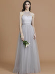 Vestido de dama de honor de tul con volantes, corte A/princesa, sin mangas, hasta el suelo, estilo halter