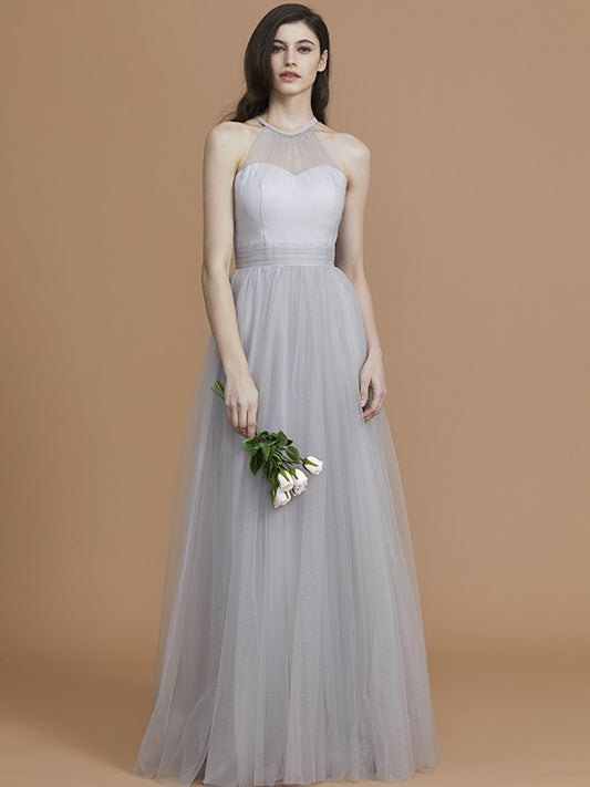 Vestido de dama de honor de tul con volantes, corte A/princesa, sin mangas, hasta el suelo, estilo halter