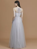 Vestido de dama de honor de tul con volantes, corte A/princesa, sin mangas, hasta el suelo, estilo halter