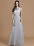Vestido de dama de honor de tul con volantes, corte A/princesa, sin mangas, hasta el suelo, estilo halter