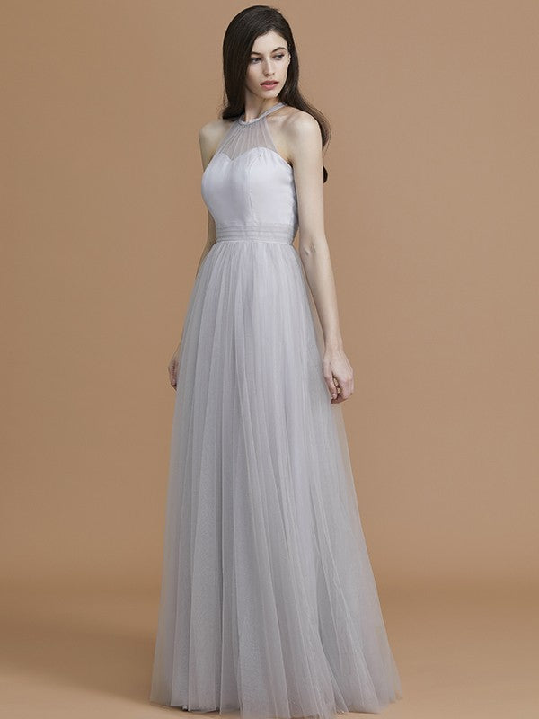 Vestido de dama de honor de tul con volantes, corte A/princesa, sin mangas, hasta el suelo, estilo halter