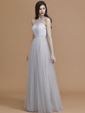 Vestido de dama de honor de tul con volantes, corte A/princesa, sin mangas, hasta el suelo, estilo halter