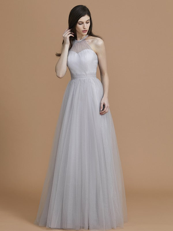 Vestido de dama de honor de tul con volantes, corte A/princesa, sin mangas, hasta el suelo, estilo halter
