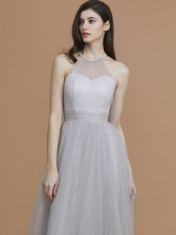 Vestido de dama de honor de tul con volantes, corte A/princesa, sin mangas, hasta el suelo, estilo halter