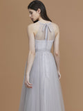 Vestido de dama de honor de tul con volantes, corte A/princesa, sin mangas, hasta el suelo, estilo halter