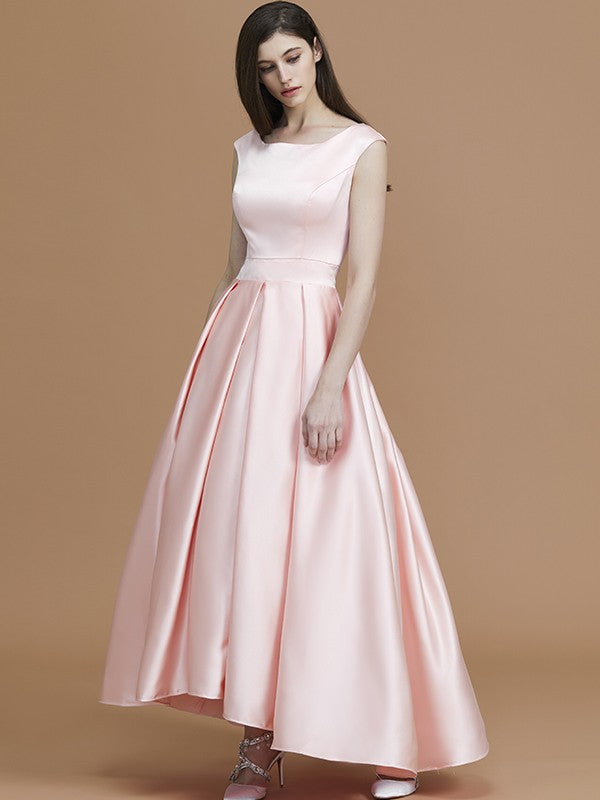 A-Line/Princess Bateau Sleeveless Asymmetrical Ruffles Satin Bridesmaid Dresses Prom Dress