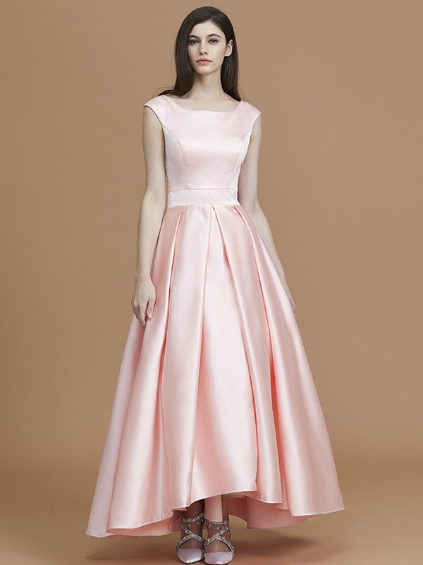 A-Line/Princess Bateau Sleeveless Asymmetrical Ruffles Satin Bridesmaid Dresses Prom Dress