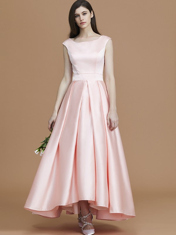 A-Line/Princess Bateau Sleeveless Asymmetrical Ruffles Satin Bridesmaid Dresses Prom Dress