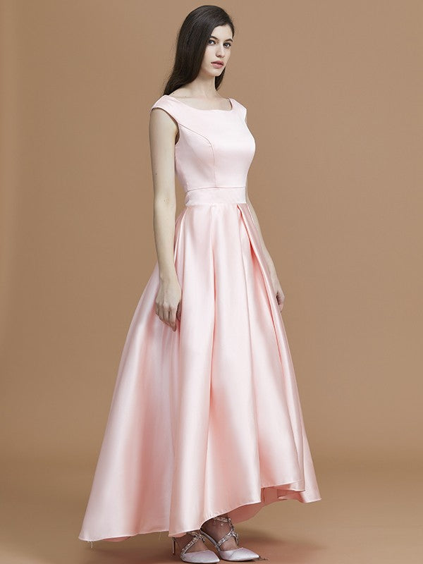 A-Line/Princess Bateau Sleeveless Asymmetrical Ruffles Satin Bridesmaid Dresses Prom Dress