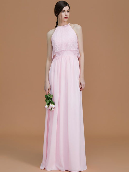A-Line/Princess Halter Sleeveless Floor-Length Ruffles Chiffon Bridesmaid Dresses Evening Formal Dress