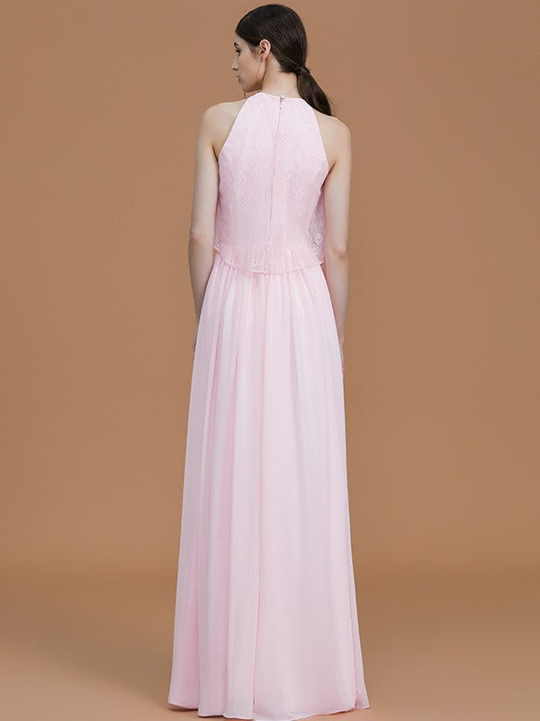 A-Line/Princess Halter Sleeveless Floor-Length Ruffles Chiffon Bridesmaid Dresses Evening Formal Dress