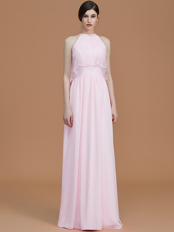 A-Line/Princess Halter Sleeveless Floor-Length Ruffles Chiffon Bridesmaid Dresses Evening Formal Dress