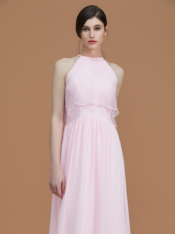 A-Line/Princess Halter Sleeveless Floor-Length Ruffles Chiffon Bridesmaid Dresses Evening Formal Dress