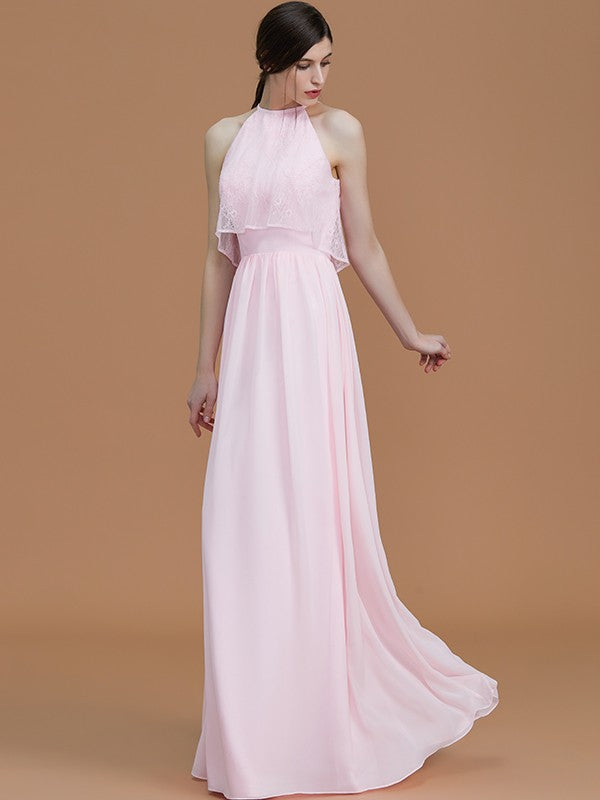 A-Line/Princess Halter Sleeveless Floor-Length Ruffles Chiffon Bridesmaid Dresses Evening Formal Dress