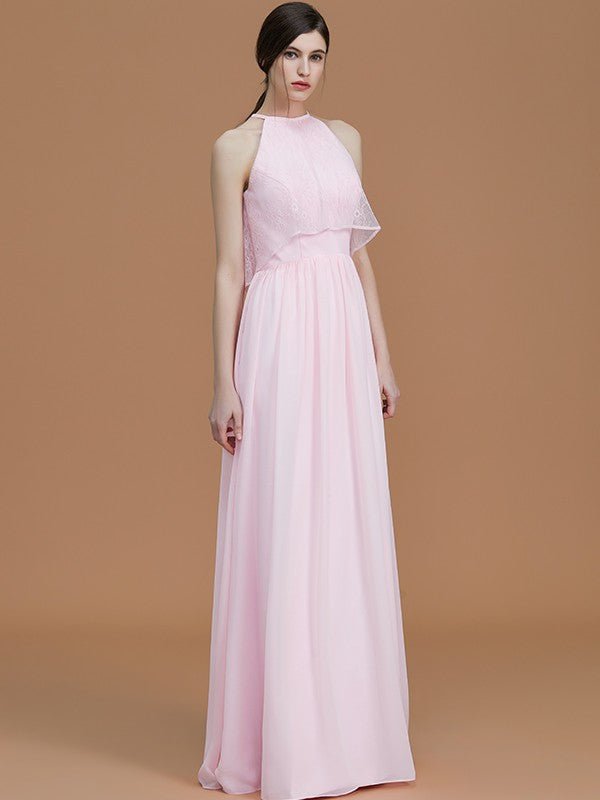 A-Line/Princess Halter Sleeveless Floor-Length Ruffles Chiffon Bridesmaid Dresses Evening Formal Dress