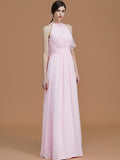A-Line/Princess Halter Sleeveless Floor-Length Ruffles Chiffon Bridesmaid Dresses Evening Formal Dress