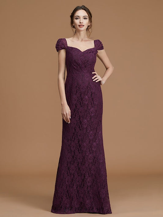 Sheath/Column Sweetheart Short Sleeves Sweep/Brush Train Lace Satin Bridesmaid Dresses Formal Evening Dress