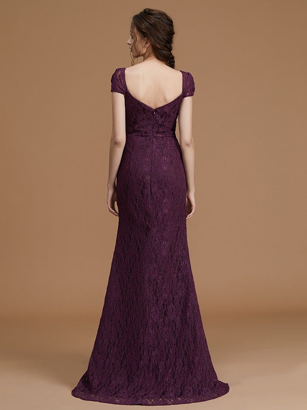 Sheath/Column Sweetheart Short Sleeves Sweep/Brush Train Lace Satin Bridesmaid Dresses Formal Evening Dress