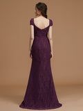 Sheath/Column Sweetheart Short Sleeves Sweep/Brush Train Lace Satin Bridesmaid Dresses Formal Evening Dress