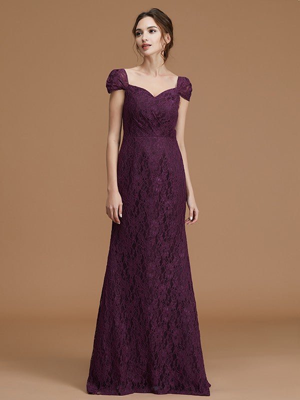 Sheath/Column Sweetheart Short Sleeves Sweep/Brush Train Lace Satin Bridesmaid Dresses Formal Evening Dress