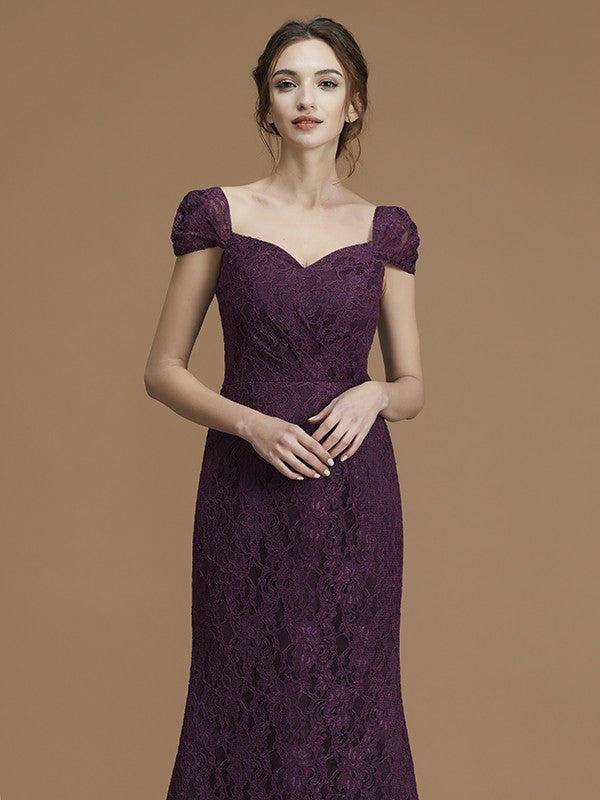 Sheath/Column Sweetheart Short Sleeves Sweep/Brush Train Lace Satin Bridesmaid Dresses Formal Evening Dress