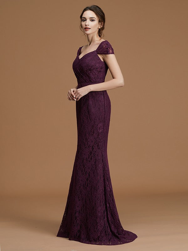 Sheath/Column Sweetheart Short Sleeves Sweep/Brush Train Lace Satin Bridesmaid Dresses Formal Evening Dress