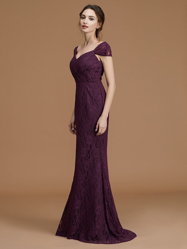 Sheath/Column Sweetheart Short Sleeves Sweep/Brush Train Lace Satin Bridesmaid Dresses Formal Evening Dress