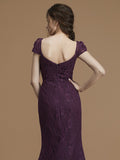 Sheath/Column Sweetheart Short Sleeves Sweep/Brush Train Lace Satin Bridesmaid Dresses Formal Evening Dress