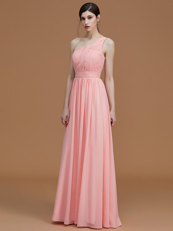 A-Line/Princess One-Shoulder Sleeveless Floor-Length Ruched Chiffon Bridesmaid Dresses Evening Prom Dress