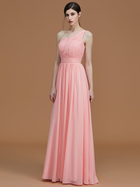 A-Line/Princess One-Shoulder Sleeveless Floor-Length Ruched Chiffon Bridesmaid Dresses Evening Prom Dress