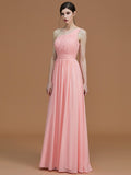A-Line/Princess One-Shoulder Sleeveless Floor-Length Ruched Chiffon Bridesmaid Dresses Evening Prom Dress