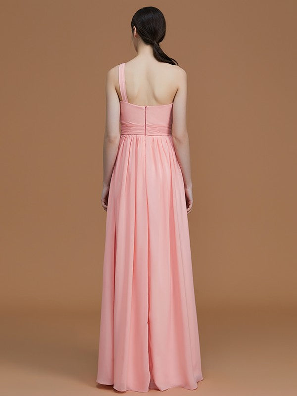 A-Line/Princess One-Shoulder Sleeveless Floor-Length Ruched Chiffon Bridesmaid Dresses Evening Prom Dress