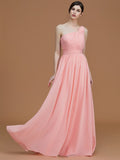 A-Line/Princess One-Shoulder Sleeveless Floor-Length Ruched Chiffon Bridesmaid Dresses Evening Prom Dress