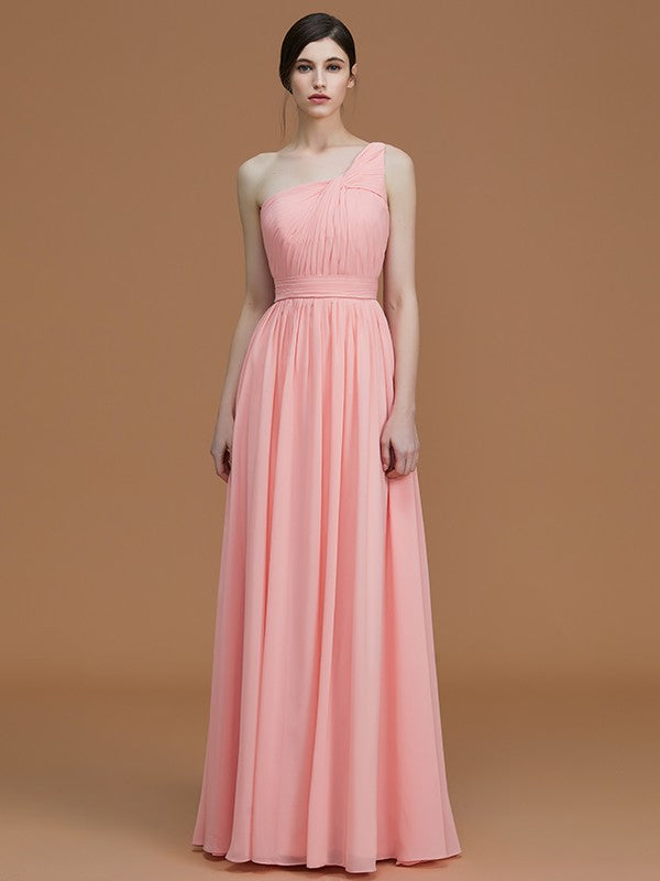 A-Line/Princess One-Shoulder Sleeveless Floor-Length Ruched Chiffon Bridesmaid Dresses Evening Prom Dress