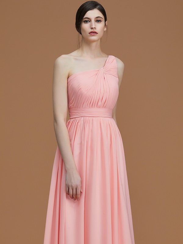 A-Line/Princess One-Shoulder Sleeveless Floor-Length Ruched Chiffon Bridesmaid Dresses Evening Prom Dress