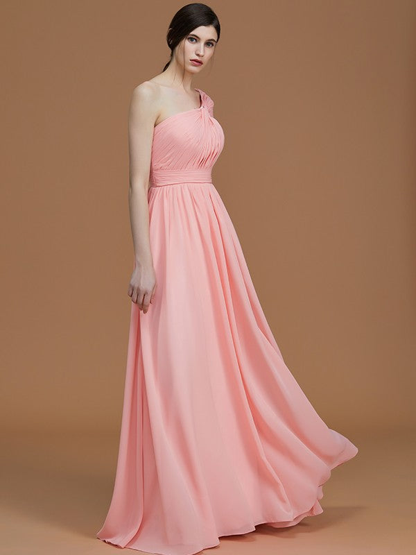 A-Line/Princess One-Shoulder Sleeveless Floor-Length Ruched Chiffon Bridesmaid Dresses Evening Prom Dress
