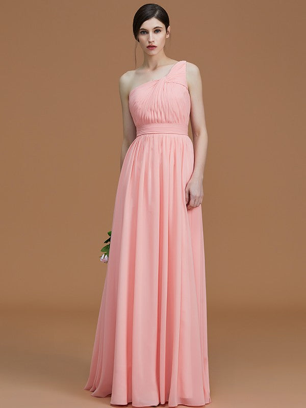 A-Line/Princess One-Shoulder Sleeveless Floor-Length Ruched Chiffon Bridesmaid Dresses Evening Prom Dress