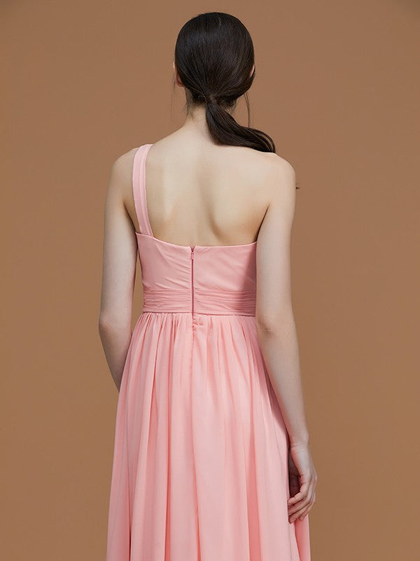 A-Line/Princess One-Shoulder Sleeveless Floor-Length Ruched Chiffon Bridesmaid Dresses Evening Prom Dress