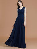 A-Line/Princess V-neck Sleeveless Floor-Length Lace Chiffon Bridesmaid Dresses Evening Prom Dress