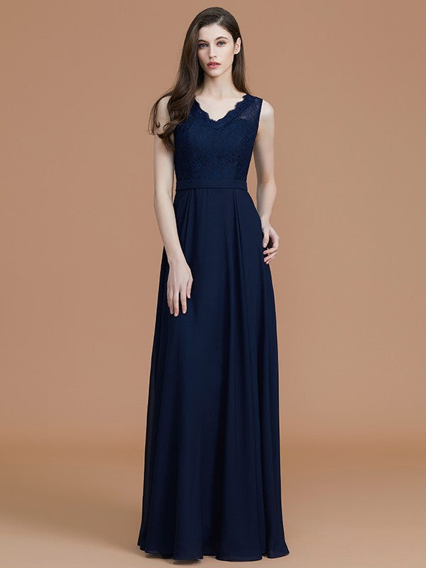 A-Line/Princess V-neck Sleeveless Floor-Length Lace Chiffon Bridesmaid Dresses Evening Prom Dress