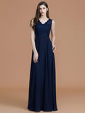 A-Line/Princess V-neck Sleeveless Floor-Length Lace Chiffon Bridesmaid Dresses Evening Prom Dress