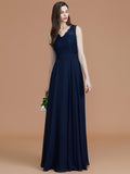 A-Line/Princess V-neck Sleeveless Floor-Length Lace Chiffon Bridesmaid Dresses Evening Prom Dress