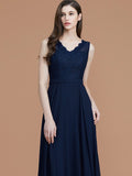 A-Line/Princess V-neck Sleeveless Floor-Length Lace Chiffon Bridesmaid Dresses Evening Prom Dress