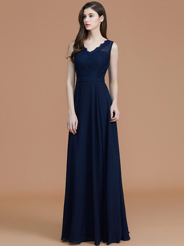 A-Line/Princess V-neck Sleeveless Floor-Length Lace Chiffon Bridesmaid Dresses Evening Prom Dress