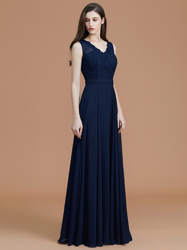 A-Line/Princess V-neck Sleeveless Floor-Length Lace Chiffon Bridesmaid Dresses Evening Prom Dress