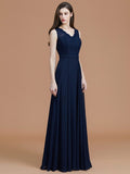 A-Line/Princess V-neck Sleeveless Floor-Length Lace Chiffon Bridesmaid Dresses Evening Prom Dress