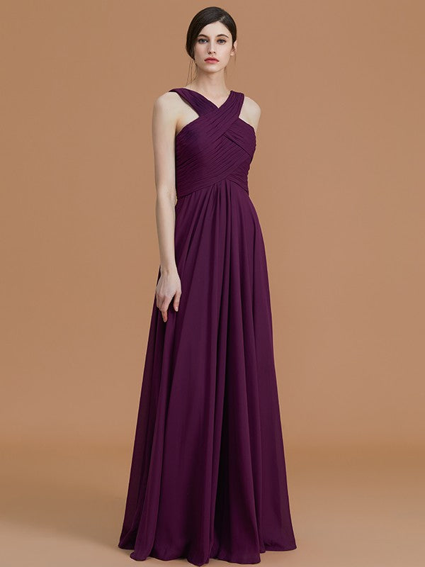 A-Line/Princess Halter Sleeveless Floor-Length Ruched Chiffon Bridesmaid Dresses Evening Prom Dress