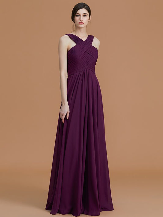 A-Line/Princess Halter Sleeveless Floor-Length Ruched Chiffon Bridesmaid Dresses Evening Prom Dress